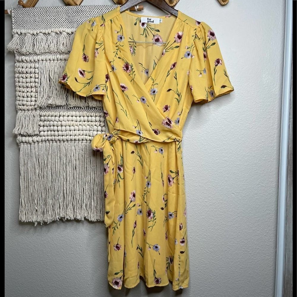 for good yellow floral faux wrap dress